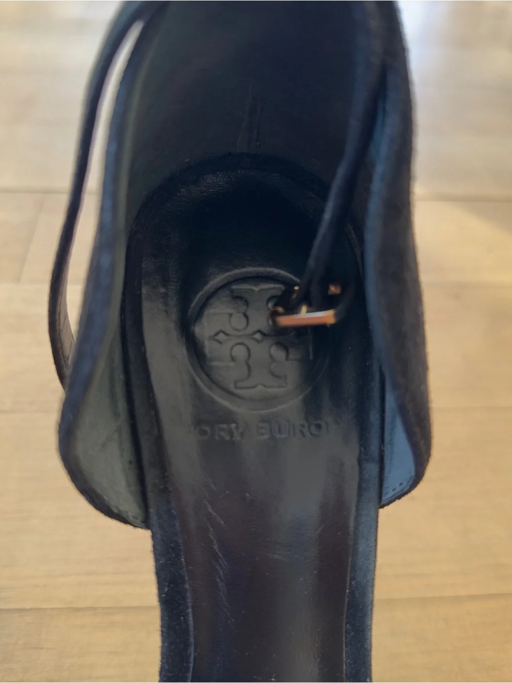 Tory Burch Black Suede Open-Toe Ankle Strap Heels